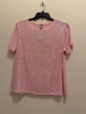 Anne Klein Pink Sequin Short Sleeve Blouse